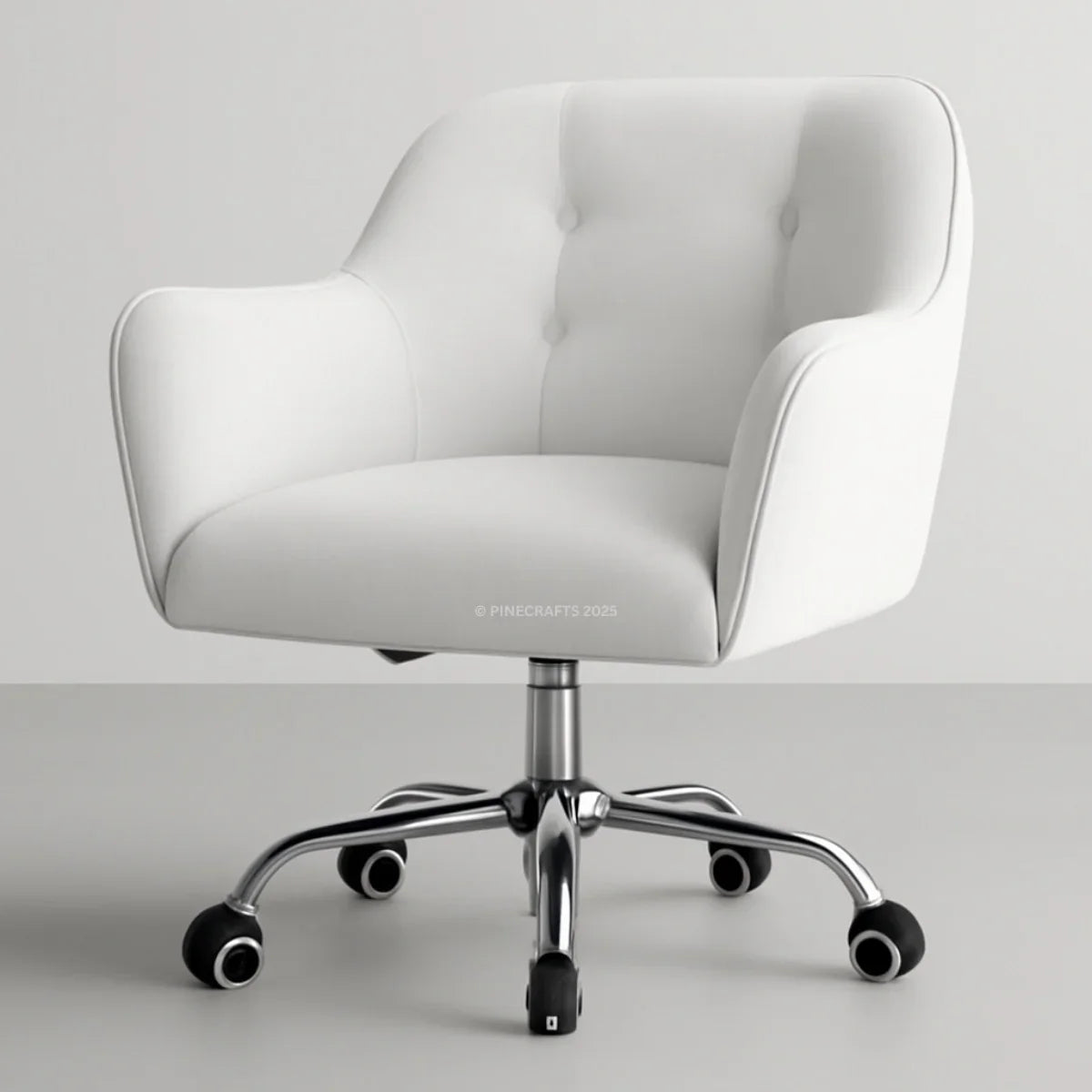 White office chair with a chrome base on a light gray background